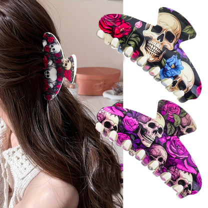[Stylish Skull Hair Clips] 2pcs Stylish Women's Halloween Skull Hair Clips | Semi-High Back Scrunchies, Resin Shark Clips, Non-Slip Strong Fashionable Hair Accessories, Suitable for Festivals, Parties, Daily Use and Gifts