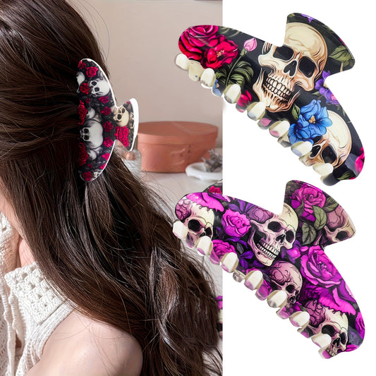 [Stylish Skull Hair Clips] 2pcs Stylish Women's Halloween Skull Hair Clips | Semi-High Back Scrunchies, Resin Shark Clips, Non-Slip Strong Fashionable Hair Accessories, Suitable for Festivals, Parties, Daily Use and Gifts