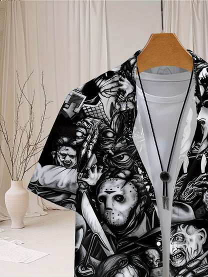 Men's Casual Short Sleeve Novelty Collar Shirt with Geometric Horror Character Print - Machine Washable Regular Fit Black & White Graphic Top for Casual Attire, Detailed Prints, Comfortable Fabric