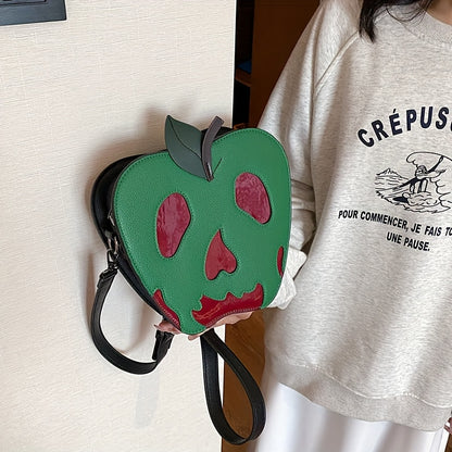 [Halloween] Women's Halloween Skeleton Apple Crossbody Bag - Adjustable Strap, Zipper Closure, Polyester Lining, Green & Red Contrast Design, Perfect For Halloween Accessories, Halloween Accessories Bag | Skeleton Apple Print