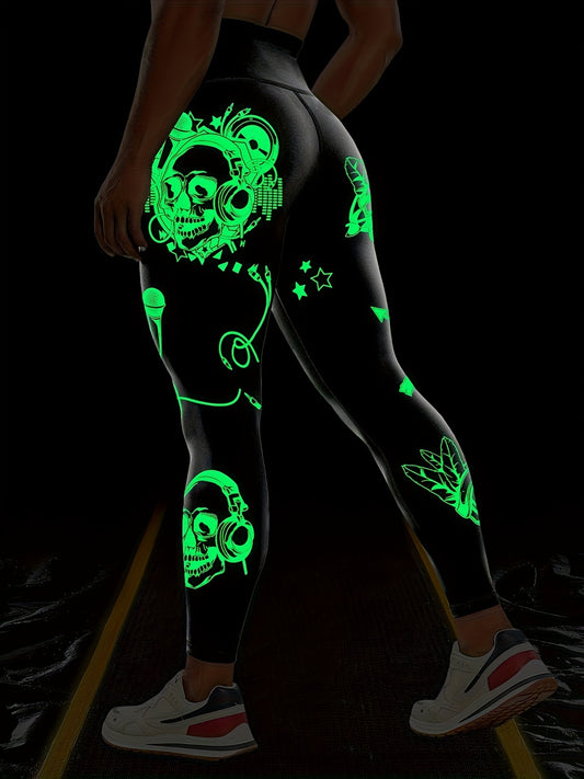 Women'S High-Waisted Stretchy Fitness Leggings with Glow-in-the-Dark Skull Print - Black, Elastic Waistband, Long Length for Running, Yoga & Halloween Party Wear, Yoga Pants, Halloween Leggings, Bold Graphic Pants, Highelasti
