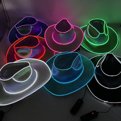 Neon Glow-in-the-Dark Cowboy Hats for Parties - Vibrant Red, Blue, Pink & Black, Battery Operated (AA Not Included), Hand Wash Only, Perfect for Halloween, Christmas, Thanksgiving & More, Festive Headwear, Party Accessories,