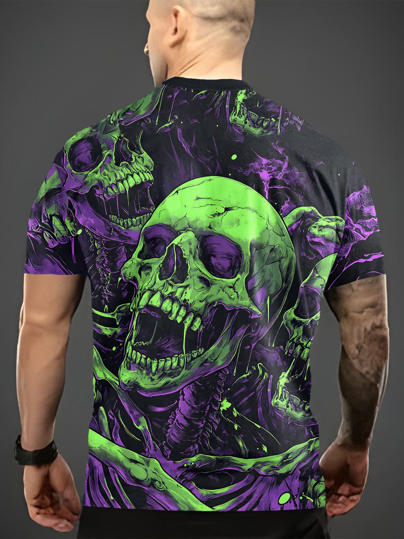 [Breathable Knit Fabric] Men's Plus Size 3D Skull Print T-Shirt - Breathable Knit Fabric, Black with Neon Green Skull Design, Regular Fit Casual Summer Outdoor & Casual Attire, PLUS Size