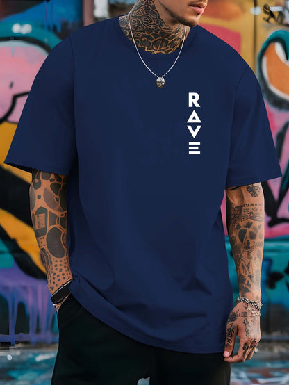 R V Men's Short Sleeve T-Shirt - Vibrant Yellow with Bold RAVE Graphic Print, Breathable Round Neck Casual Top for Summer Beach Resorts & Outdoor Activities