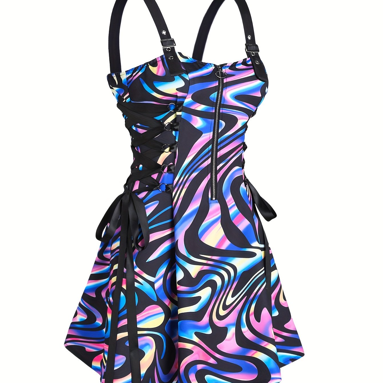Women's Sleeveless Rainbow Striped Polyester Dress with Adjustable Straps and Front Zipper Closure - Casual Chic Design for All Seasons, Cute Dresses