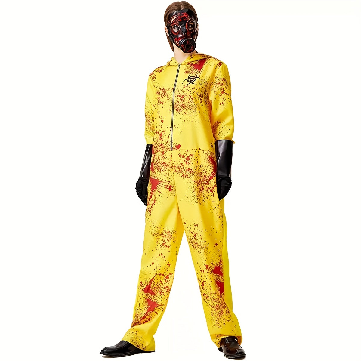 1 Set Full Zombie Costume with Gas Mask & Splatter Effects - Neon Yellow & Red Blood-Splattered Outfit, Hazmat Suit Design with Black Gloves - Easy-to-Wear Outfit for Halloween Costumes, Themed Parties & Horror Events (No Mas