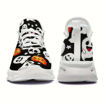 Ghosts and Pumpkins Ladies Outdoor Blade Bottom Breathable Mesh Face Shock Absorption Comfortable Wear Resistant Bounce Low Top Sports Shoes, Suitable for Halloween Shoes