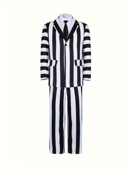 Adam Role Play Costume Men'S Black and White Striped Suit Jacket Shirt Pants Set Halloween Carnival Cosplay Anime Costume
