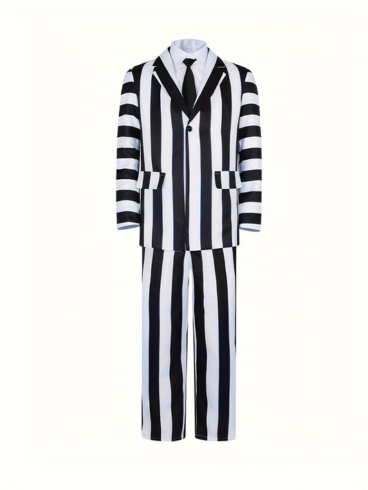 Adam Role Play Costume Men'S Black and White Striped Suit Jacket Shirt Pants Set Halloween Carnival Cosplay Anime Costume