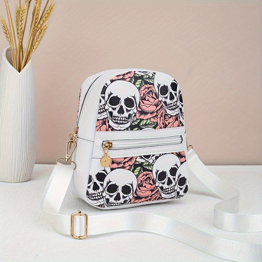 [Punk Crossbody Bag] Women's Lightweight Crossbody Bag | Punk Gothic Skull & Rose Print, Detachable Adjustable Strap, Zipper Closure, White with Black Floral Design, Goldtone Hardware, Durable Material, Small Handbag, Alterna