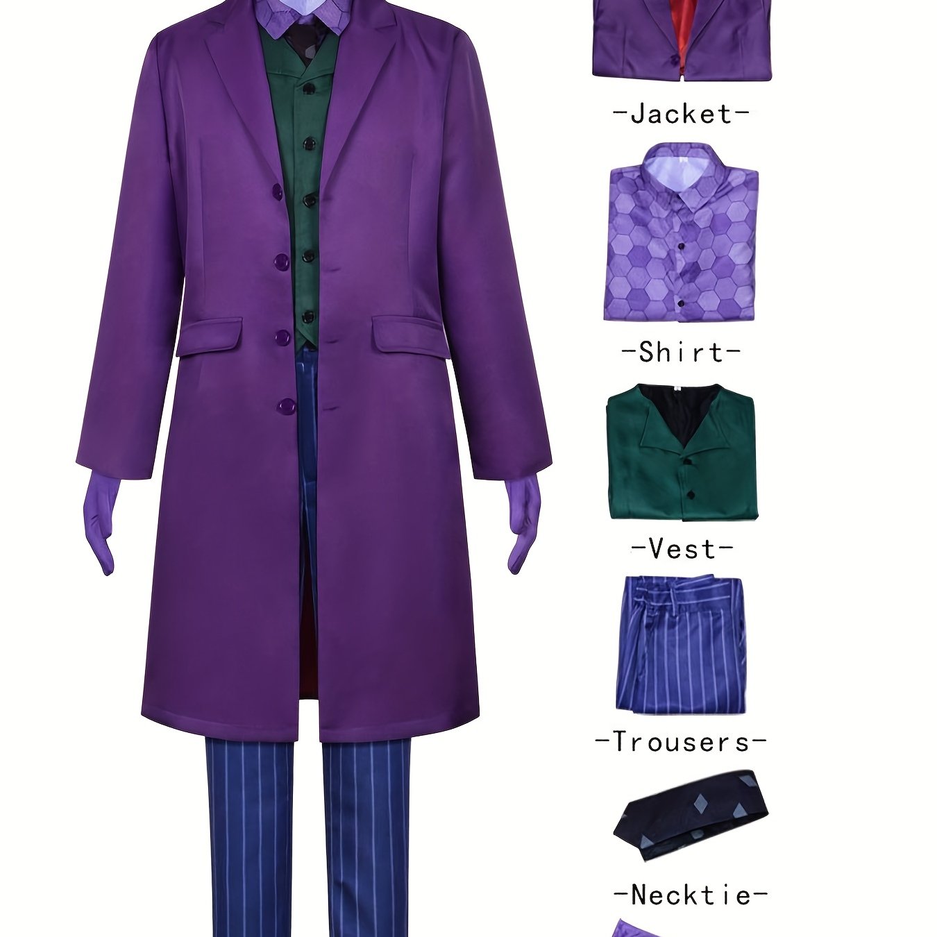 Halloween Men'S Fashion Purple Clown Six-Piece Set, Complete with Meticulously Crafted Scary Party Clown Outfit Including Long Coat, Shirt, Vest, Trousers, Tie, And Gloves.