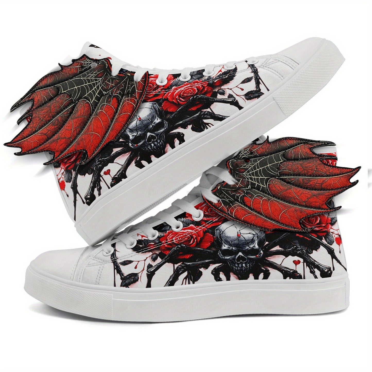 [Gothic Punk Sneakers] Gothic Punk Sneakers for Men - High-Top Shoes with 3D Red Flame Skull & Wing Design | Lace-Up Closure for Halloween, Gothic Parties, Everyday Streetwear | All-Season Comfortable, Casual Sport, Horror Ae