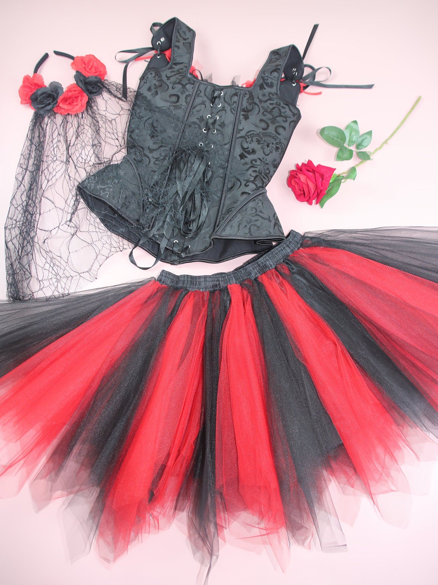 [Gothic Corset Set] Gothic Black Lace Corset and Tutu Skirt Set | Floral Mesh Headband, Mexican Day of the Dead Halloween Blood Rose Cosplay Outfit