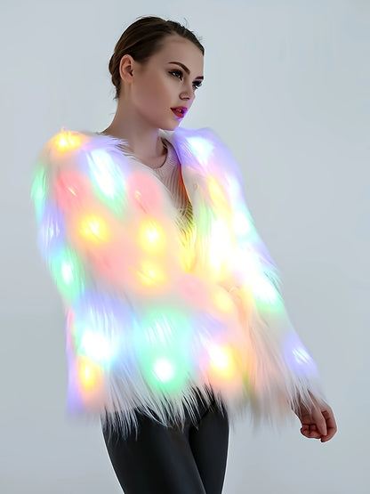 Elegant LED Faux Fur Coat for Women - Fashionable, Night-Lighting, Fall/Winter, Polyester, Non-Stretch, Solid Color, Regular Sleeve, Long Sleeve, No Belt, Pocket, Single Breasted Placket, Weekend Casual, Regular Fit, Adult, A