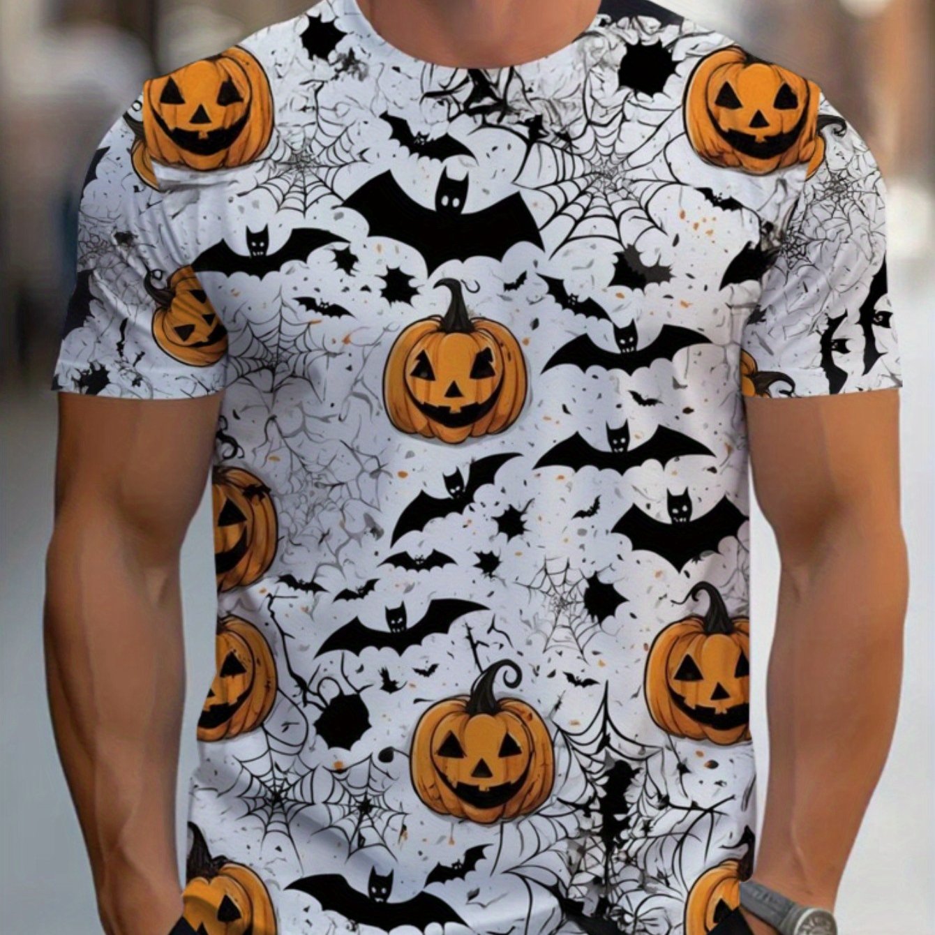 [Halloween Costume Shirt] Spooky Halloween Outfit for Adults - Men's Full-Body Pumpkin Bat Print Party Shirt | Lightweight & Breathable Fabric, Machine Washable for Trick-or-Treat, Haunted House