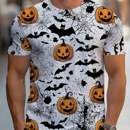 [Halloween Costume Shirt] Spooky Halloween Outfit for Adults - Men's Full-Body Pumpkin Bat Print Party Shirt | Lightweight & Breathable Fabric, Machine Washable for Trick-or-Treat, Haunted House