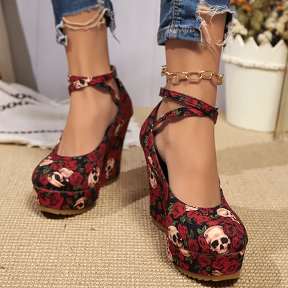 Women's Gothic Rose & Skull Print Wedge Heels - Elegant Ankle Strap Platform Pumps with Metallic Buckle, Red Floral Design on Black Background, Perfect for Casual or Stylish Outfits, Cute Heels
