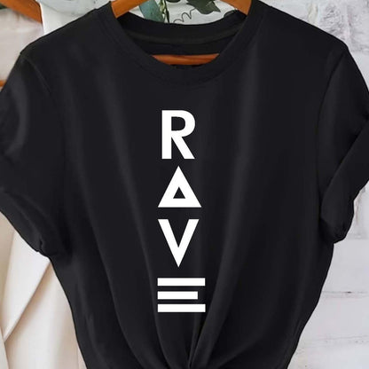 Women's Casual Short Sleeve T-Shirt - Black with Vertical White RAVE Print, Relaxed Fit Round Neck, Machine Washable All-Season Comfort Top, Rave Clothing, Classic Round Neck, Nontransparent Fabric