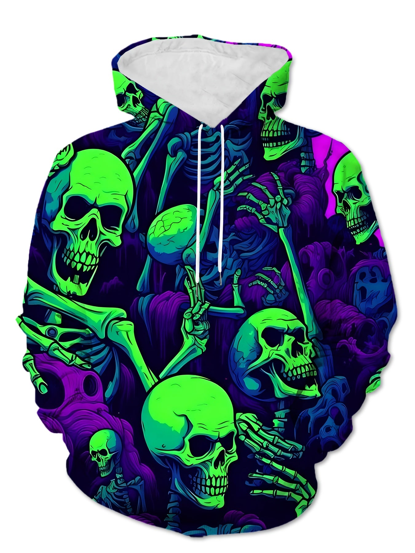 Men's Gothic Y2K Hoodie - Dark Purple & Neon Green Skull Graphic Pullover - Stretch Knit Sweatshirt with Drawstring Hood - Streetwear Gym Casual Outfit for Everyday & Halloween - Machine Washable Men's Clothing, Comfortable F