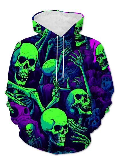 Men's Gothic Y2K Hoodie - Dark Purple & Neon Green Skull Graphic Pullover - Stretch Knit Sweatshirt with Drawstring Hood - Streetwear Gym Casual Outfit for Everyday & Halloween - Machine Washable Men's Clothing, Comfortable F