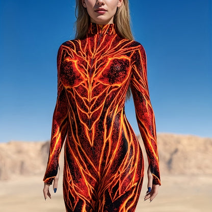 [Fire & Flame Print Bodysuit] Stretchy Polyester Blend, Women's Fire & Flame Print Bodysuit - Sexy High Neck Long Sleeve Jumpsuit with Geometric Pattern, Machine Washable, All-Season Wear, Fire Jumpsuit, Summer Fashion, Bold