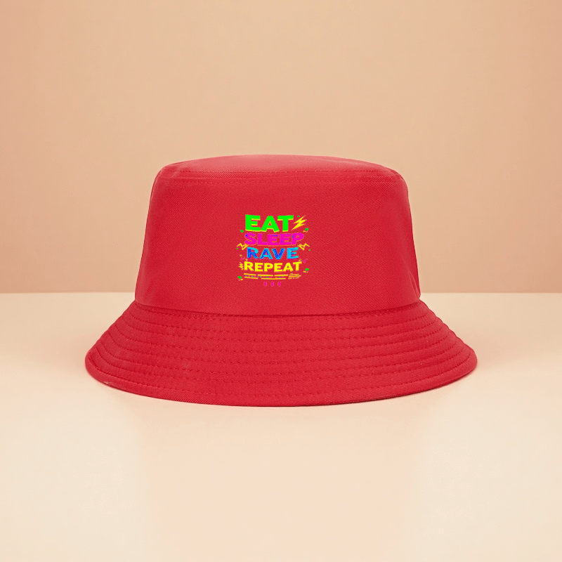 1pc Trendy Streetwear Bucket Hat with Bold "EAT RAVE REPEAT" Graphic Print - Black Unisex Summer Hat for Outdoor Camping Hiking Fishing, Adjustable Comfort Fit, Camping Gear, Festival Accessory, Street Fashion, Breathable Fab