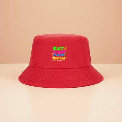 1pc Trendy Streetwear Bucket Hat with Bold "EAT RAVE REPEAT" Graphic Print - Black Unisex Summer Hat for Outdoor Camping Hiking Fishing, Adjustable Comfort Fit, Camping Gear, Festival Accessory, Street Fashion, Breathable Fab