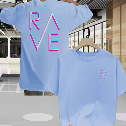 Men'S Summer Casual RAVE Graphic T-Shirt - Black with Pink & White Neon Print, Short Sleeve, Round Neck, Lightweight Polyester Blend, Perfect for Casual Attire, Everyday Tshirt | Round Neck Shirt | Comfortable Fit