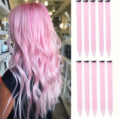 10pcs Glowing Clip-In Synthetic Hair Extensions 20-Inch Colorful Neon Glow-in-the-Dark Wigs, Easy-to-Wear Clip Design, Smooth Soft Texture, Women'S Daily Fashion Accessory for Halloween New Year Parties