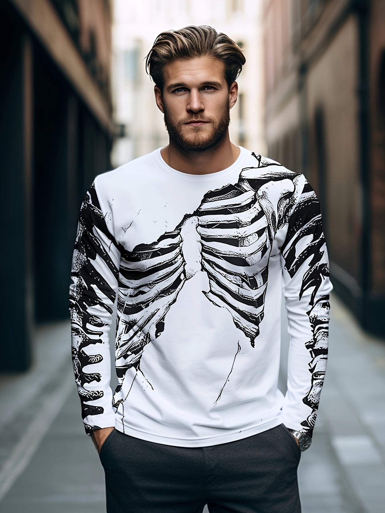 [Stretchy Skeleton Tee] Stretchy Polyester Blend Men's Casual Long Sleeve T-Shirt with Skeleton Ribcage Design | White, Round Neck, All-Season Comfort Fit, Bold Graphic Tee