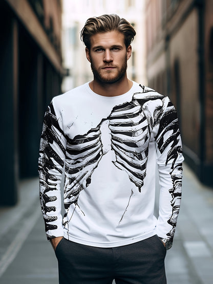 [Stretchy Skeleton Tee] Stretchy Polyester Blend Men's Casual Long Sleeve T-Shirt with Skeleton Ribcage Design | White, Round Neck, All-Season Comfort Fit, Bold Graphic Tee