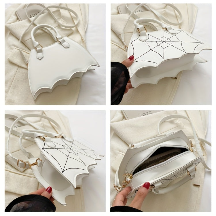 Halloween Women'S Bat Wing Spider Web Handbag - Lightweight Synthetic Faux Leather Tote with Geometric Spider Web Design, Zipper Closure & Detachable Strap, Gothic Style for Daily Use or Party Outfits, Durable Polyester Linin