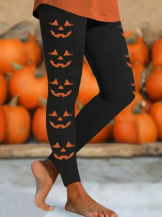 Women's Halloween Pants - Skinny Fit Leggings with Pumpkin Print, Non-Transparent Stretchy Fabric for Halloween Party Outfits, Year-Round Wear - Machine Washable Costume Pants, Festive Attire, Festive Design, Comfortable Wear