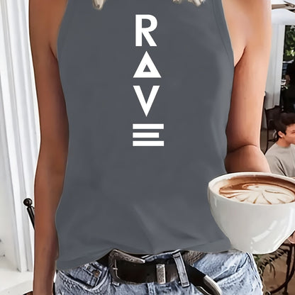 Women'S Casual RAVE Graphic Tank Top - Sleeveless, Round Neck, Light Brown with White Lettering, All-Season Fashion, Casual Attire|Bold Lettering Top|Durable Fabric