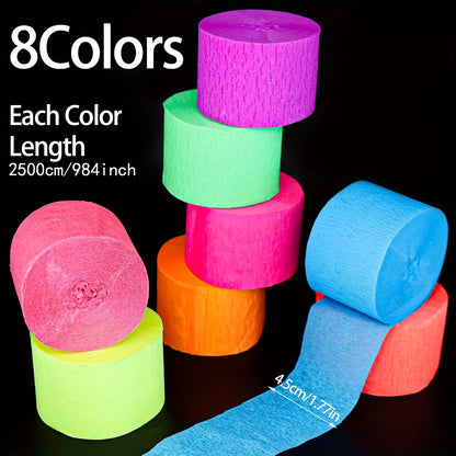 Light-up crepe paper streamer, 8 rolls of luminous UV active fluorescent light party, requires purple light irradiation for luminescence, neon streamers suitable for wedding birthday black light party supplies decoration