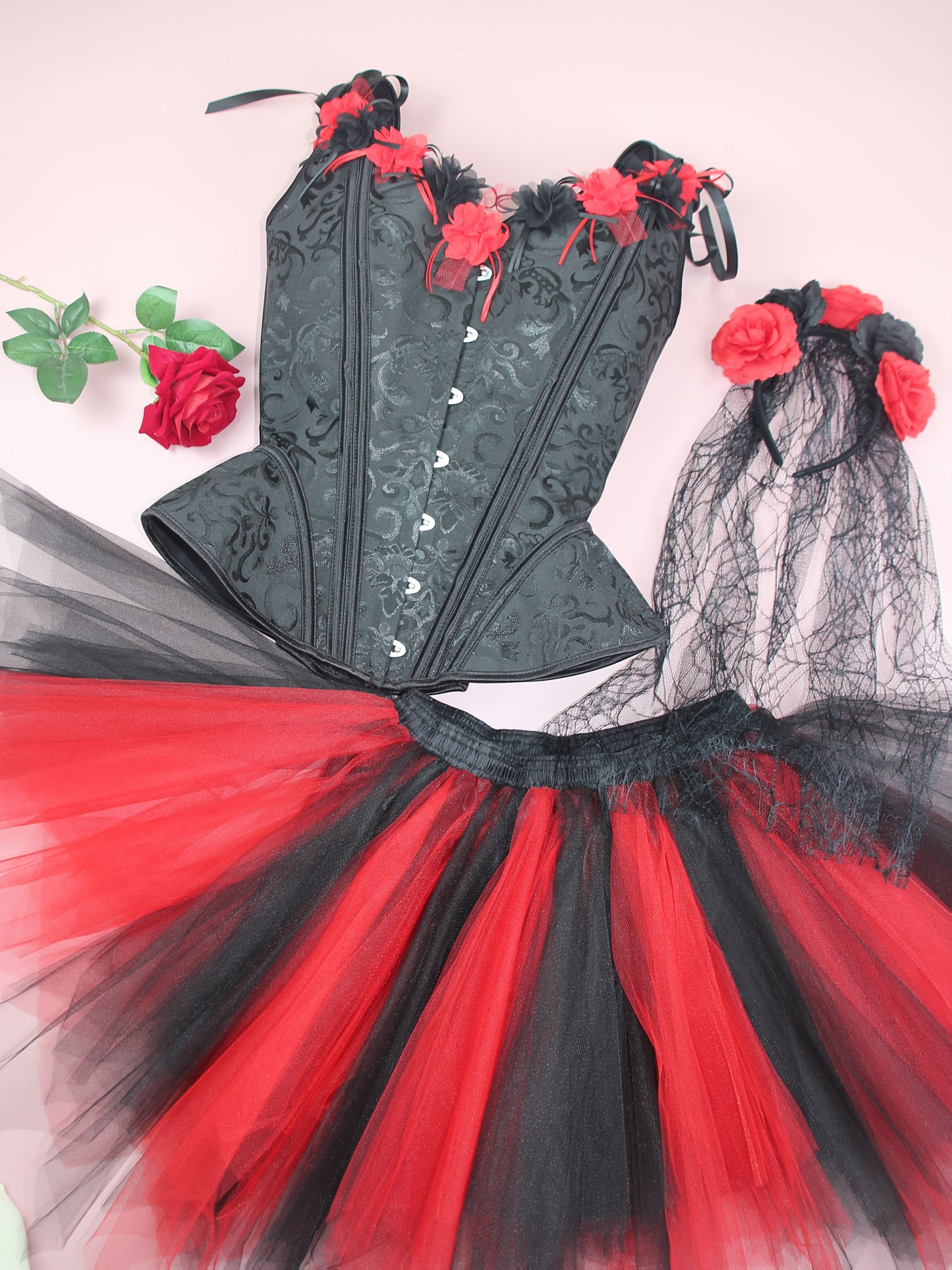 [Gothic Corset Set] Gothic Black Lace Corset and Tutu Skirt Set | Floral Mesh Headband, Mexican Day of the Dead Halloween Blood Rose Cosplay Outfit