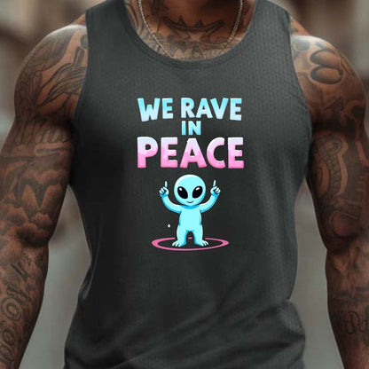Men'S "We Rave in Peace" Graphic Tank Top - Casual Sleeveless Athletic Shirt, Breathable & Comfy, Black with Blue & Pink Alien Design, Perfect for Summer, Alien Clothe