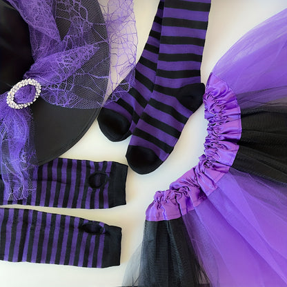 4pcs Halloween Witch Costume Set for Women Ladies Gothic Cosplay Witch Hat Striped Knee High High Over Knee Witch Stockings Arm Warmers Tutu Skirt Set for Women Halloween Witch Cosplay Party Favor Cosplay Costume Accessories