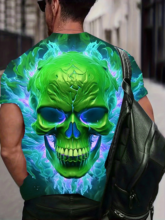 Men'S Plus Size 3D Skull & Flames Graphic T-Shirt - Bold Neon Green & Blue Casual Short Sleeve Tee with Digital Print, Round Neck Regular Fit Summer Top for Edgy Streetwear & Casual Attire, Skull T Shirt, Comfortable Fit, Str