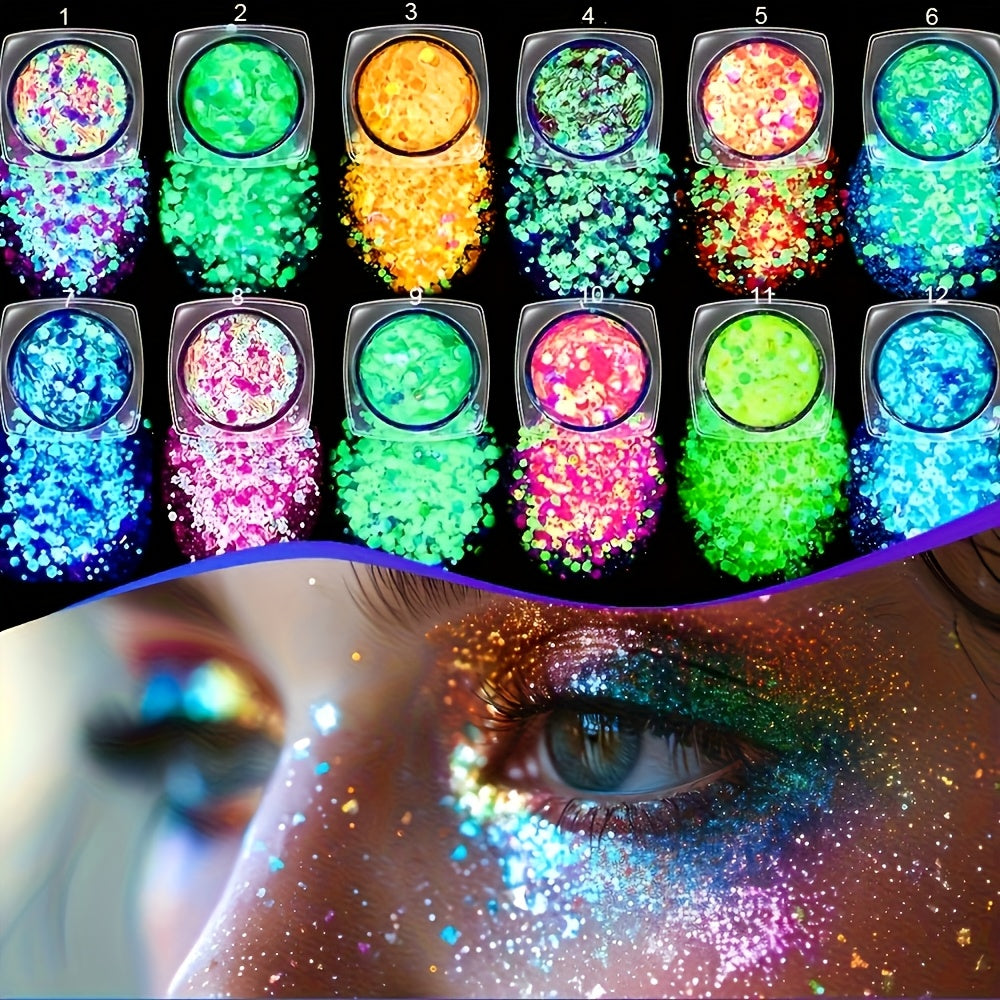 12 Colors Quick Dry Glow-in-the-Dark Glitter Gel - Water-Based, Self-Adhesive Neon Glitter for Women, Perfect for Mardi Gras, Halloween, Party & Festival Makeup, Body Glitter|Vibrant Glitter|Waterproof Glitter, Glitter Eyesha