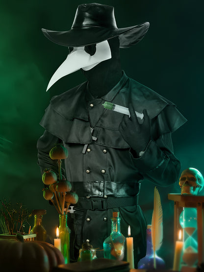 Adult Men'S Steampunk Plague Doctor Costume - Halloween Medieval Monk Priest Renaissance Party Outfit with Cape, Robe, Mask, and Accessories - Polyester 100% Solid Color with Stand Collar and Belt - Regular Fit Woven Fabric 1