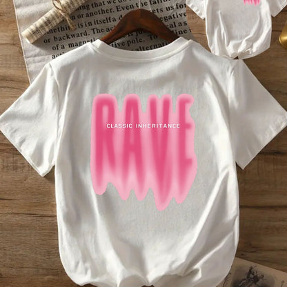 CLASSIC INHERITANCE Women's Casual Short Sleeve T-Shirt with Front & Back RAVE Slogan Print, White with Pink Lettering, Relaxed Fit Round Neck, Machine Washable All-Season Comfort, Summer Clothing, Modern Aesthetic, Smooth Te