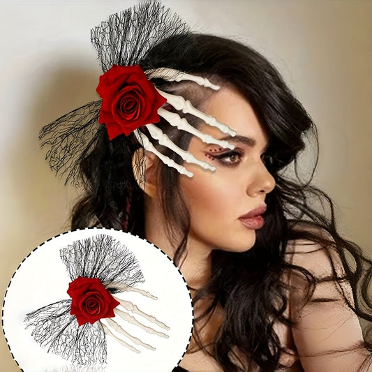 [Gothic Skull Hair Clip] 1pc Vintage-Style Gothic Skull Hair Clip with Faux Roses And Lace | Fashionable Side Hairpin for Spooky Vibe, Perfect for Parties And Everyday Wear
