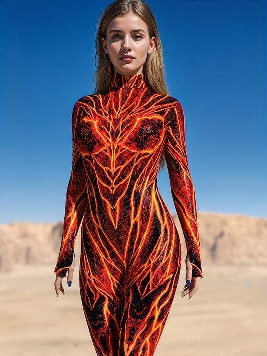 [Fire & Flame Print Bodysuit] Stretchy Polyester Blend, Women's Fire & Flame Print Bodysuit - Sexy High Neck Long Sleeve Jumpsuit with Geometric Pattern, Machine Washable, All-Season Wear, Fire Jumpsuit, Summer Fashion, Bold