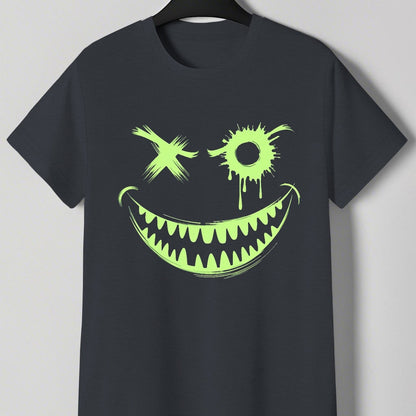 Men's Neon Green Glow-in-the-Dark Mischievous Grin Face Graphic T-Shirt - Lightweight Summer Tee for Parties, Casual Attire & Costume Events - Non-Transparent Casual Shirt for Adults, Playful Design, Machine Washable Fabric
