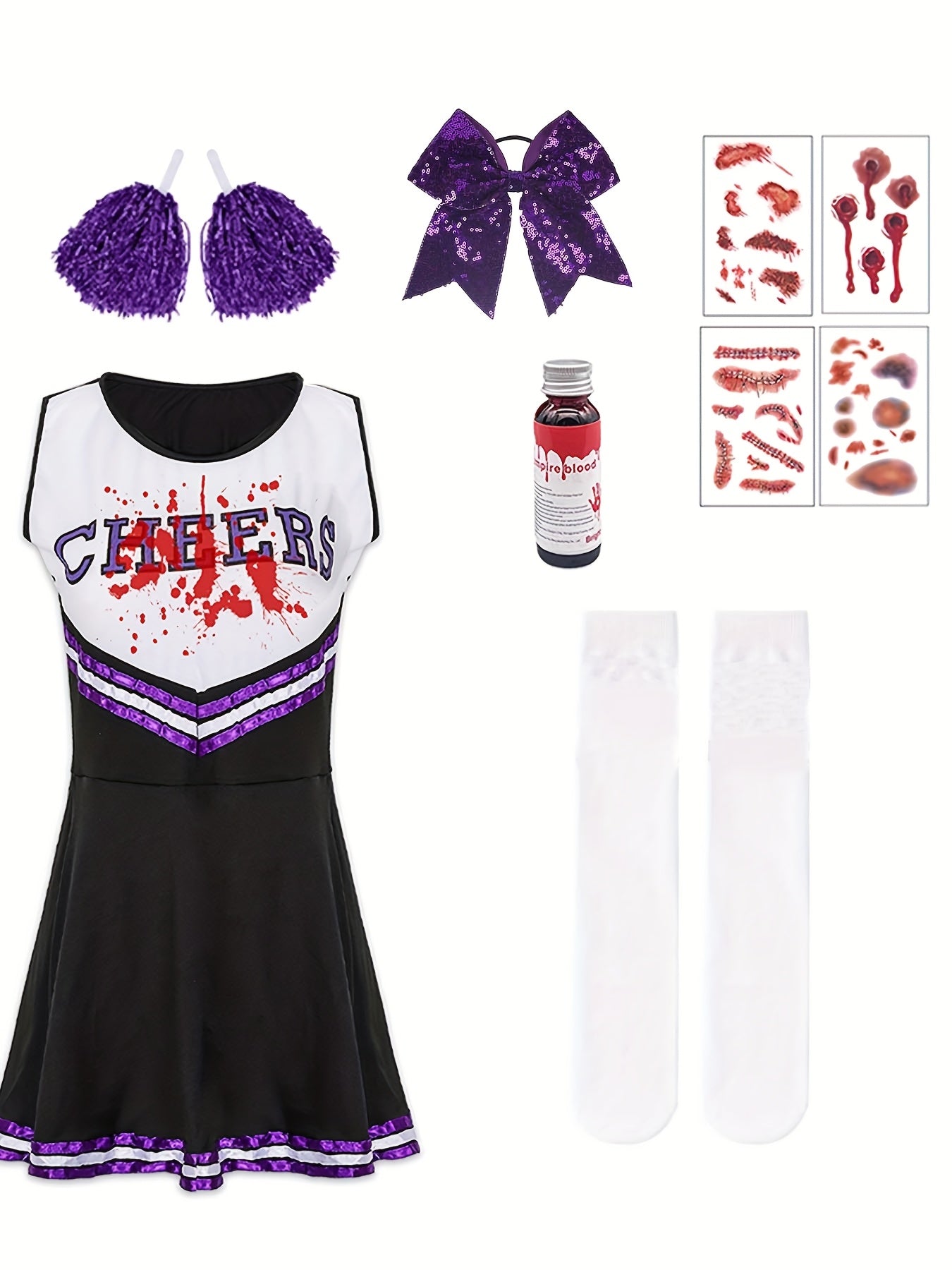 [Clothes without red pattern, with matching color DIY]Women's Zombie Cheerleader Halloween Costume, Adult Cheerleader Stockings, Adult Women's Cheerleader Dress, Zombie Costume, Halloween Scary Costume