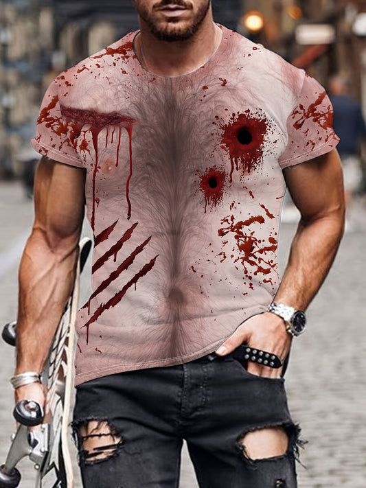 Men's Blood Splatter Print T-Shirt, Casual Round Neck Short Sleeve Tee, Halloween Party Top, Polyester, Regular Fit, Summer Fashion, Adult Unisex
