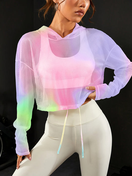 Gradient Color Loose-Fit Breathable Mesh Hoodie - Women's Casual Fashion Long Sleeve T-Shirt with Drawstring Hood, Colorful, Sports