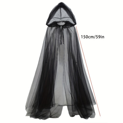 [Elegant Witch Cloak] Double Layer Elegant Witch Cloak with Hat | Halloween Cosplay Costume, Black and White - Adjustable Belt for Scary Parties, Themed Events and Holiday Wear, Tasseled Polyester Fabric, 1pc