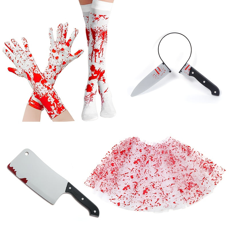 Halloween New Party Decorations Plastic Head-Through Pointed Knife, Bloody Gloves Bloodstain Socks and Gauze Dress Cosplay Makeup Costume Props, Plus Size Halloween Costumes for Women, Women Halloween Costume, Halloween Costu